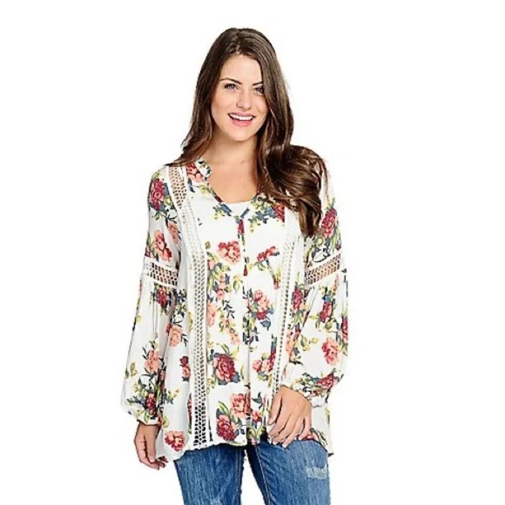 ✨ Indigo Thread Co.™ Printed Woven Long Sleeve Crochet Trimmed Y-Neck Tunic✨